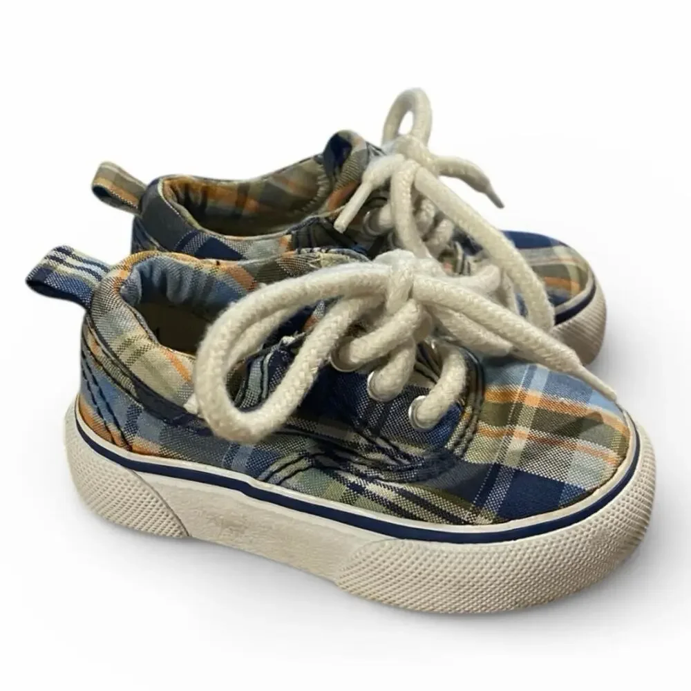 Baby Gap Boy's Tennis Shoes Toddler 5 Blue White Plaid Preppy Canvas Sneakers